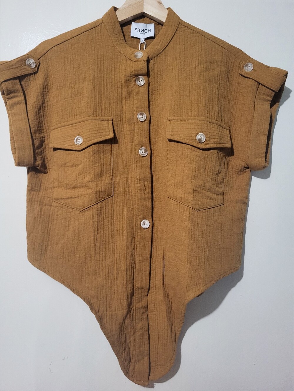 FRNCH Paris Short-Sleeve Button-Front Celene Shirt in Mustard Brown XSmall NWT